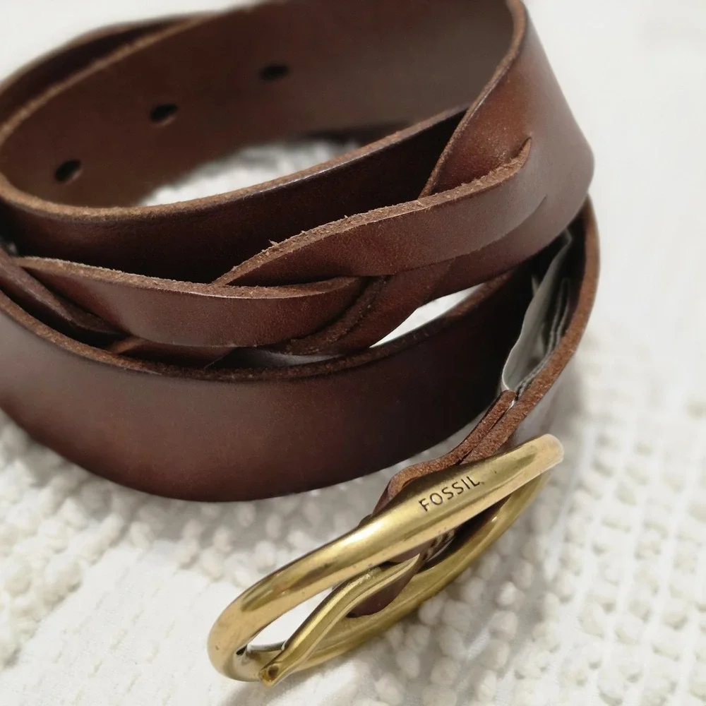 Fossil Brown Leather Belt Braid Women's Size Medium New